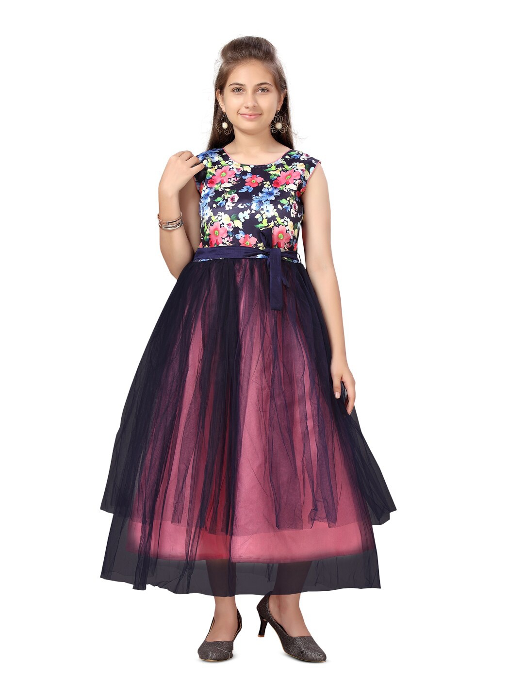

BAESD Girls Floral Printed Fit & Flare Maxi Dress With Belt, Pink