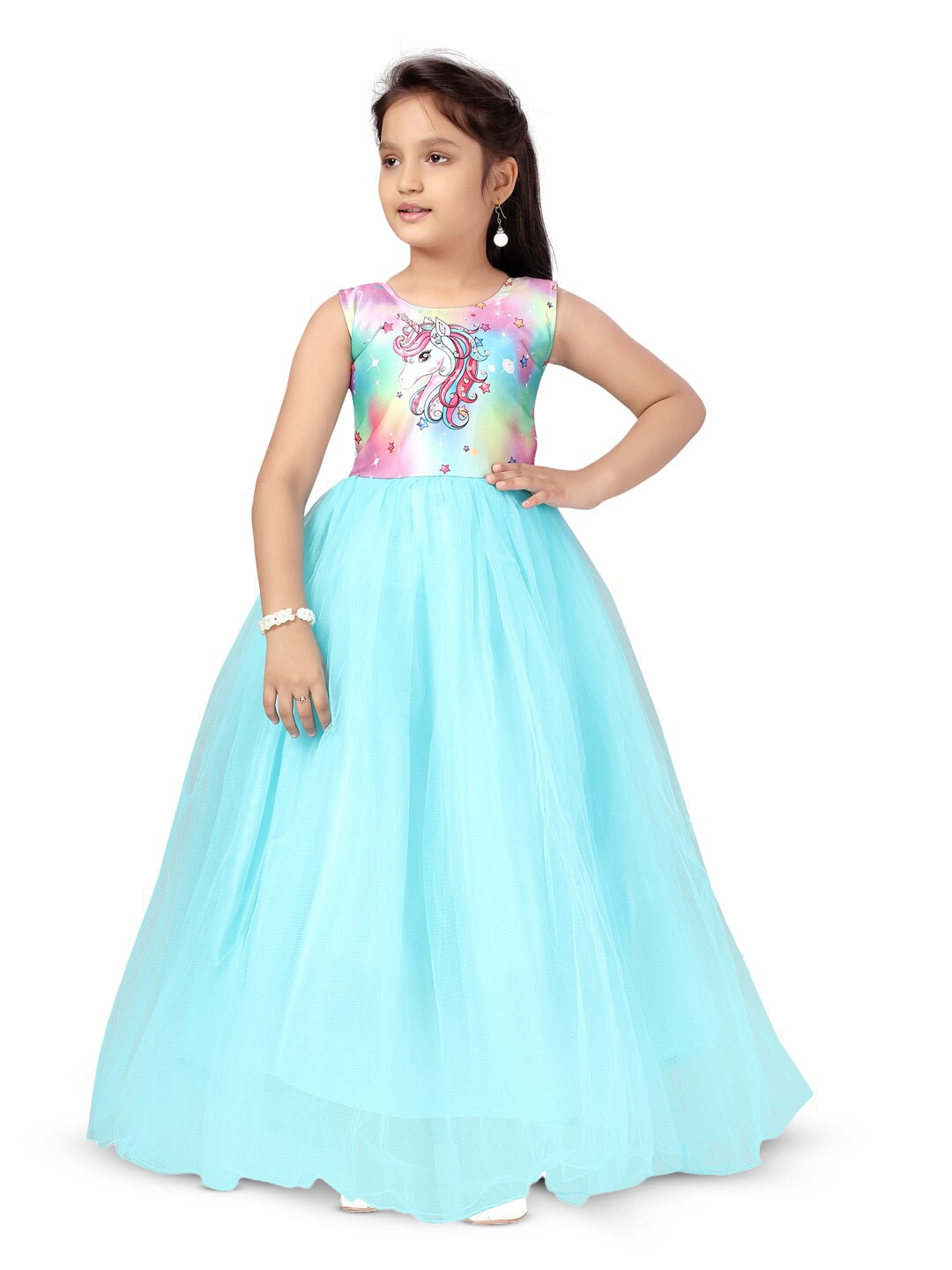 

BAESD Girls Unicorn Printed Net Fit & Flare Dress, Turquoise blue