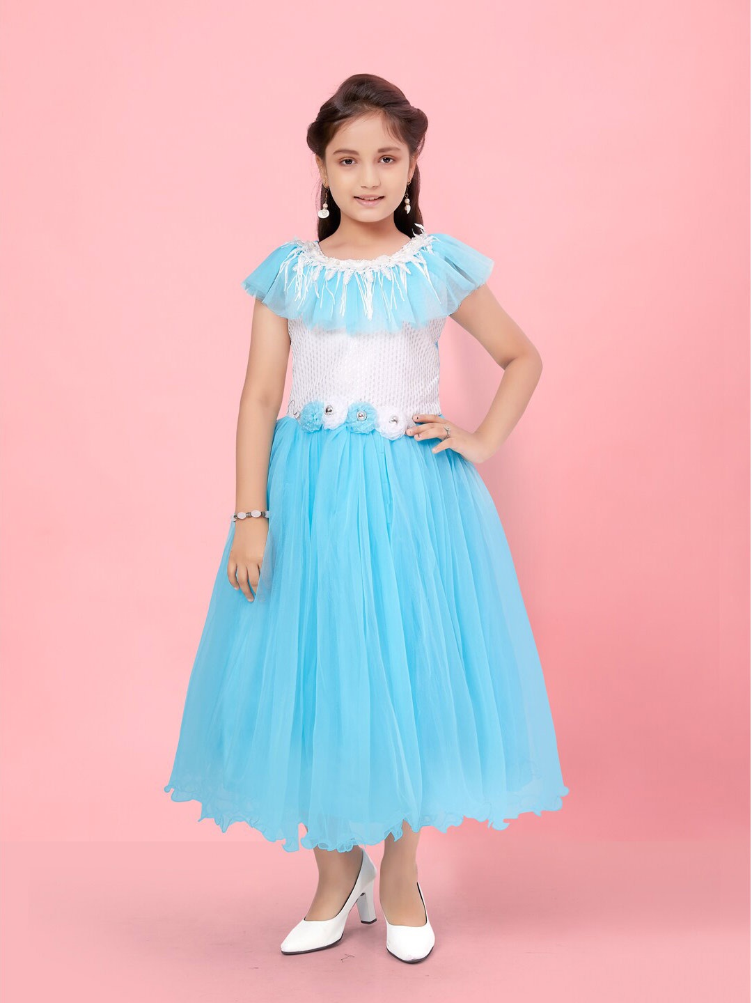 

BAESD Girls Self Design Ruffles Tulle Net Gown Maxi Dress, Turquoise blue