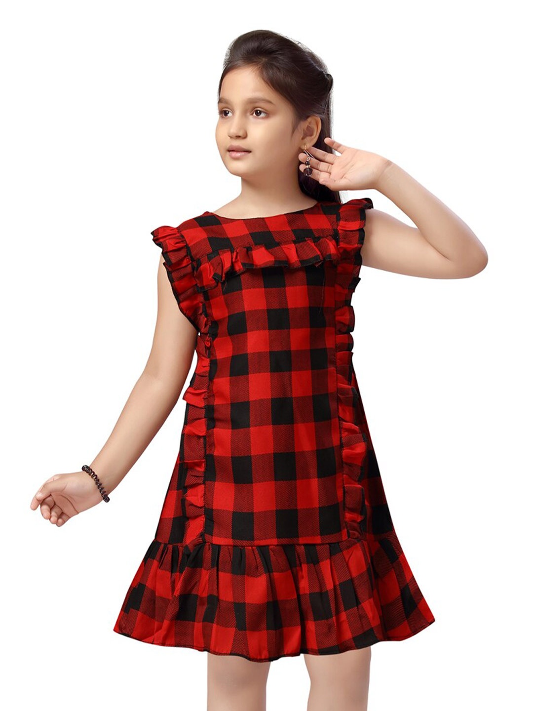 

BAESD Girls Checked Round Neck Sleeveless Ruffled Tiered Pure Cotton A-Line Dress, Red