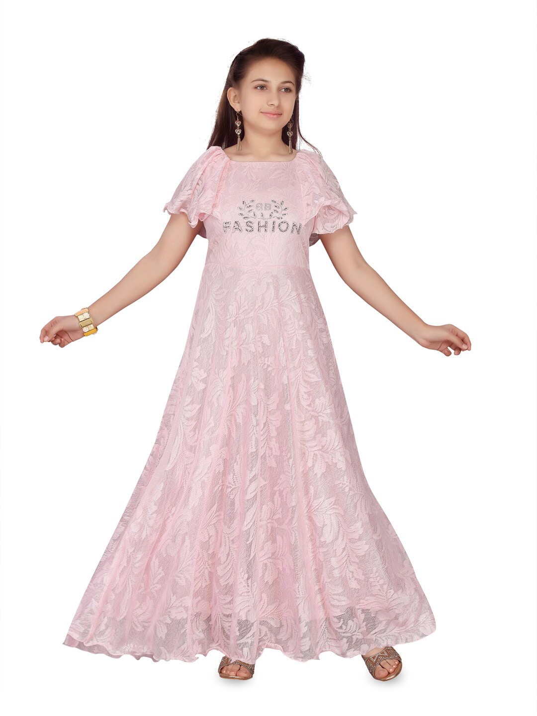 

BAESD Girls Self Design Flared Sleeves Maxi Dress, Pink