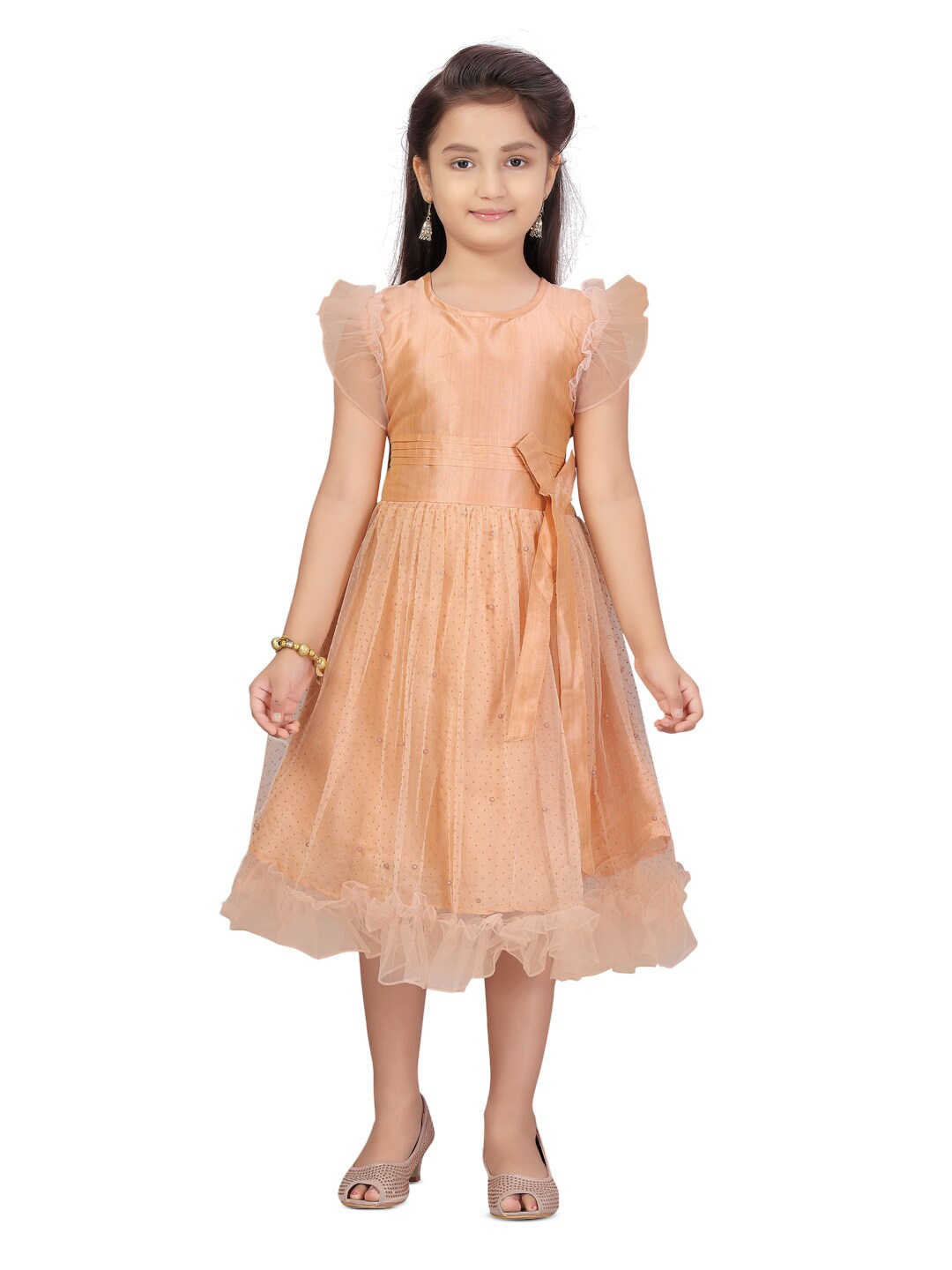 

BAESD Girls Embellished Beads & Stones Flutter Sleeve Fit & Flare Dress, Peach