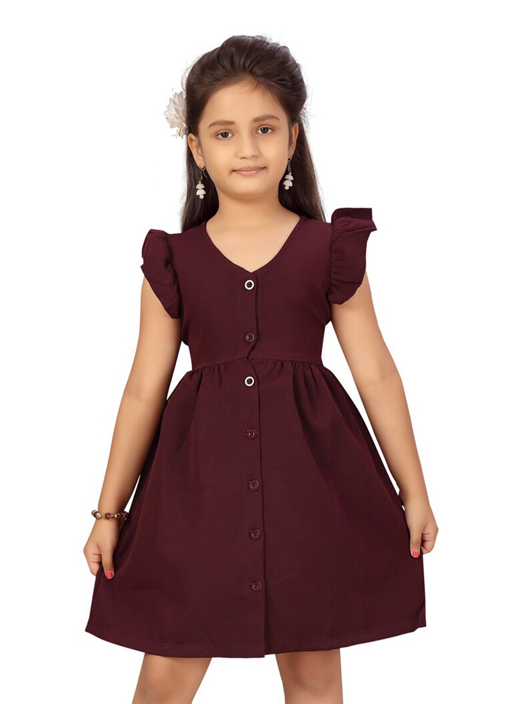 

BAESD Girls V-Neck Flared Sleeves Silk Fit & Flare Dress, Maroon
