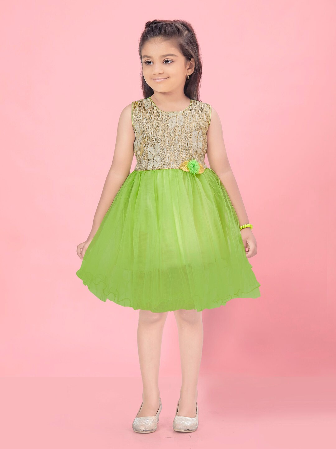 

BAESD Girls Self Design Round Neck Fit & Flare Dress, Lime green