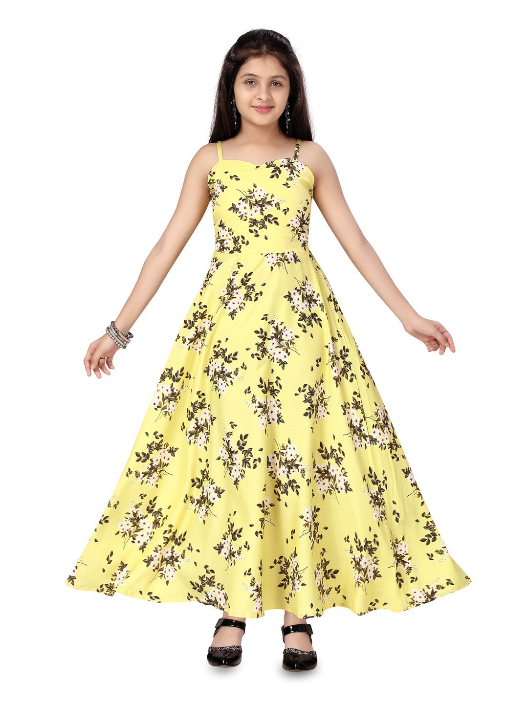 

BAESD Girls Floral Print Sweet heart Neck Sleeveless Fit & flare Cotton Dress, Yellow