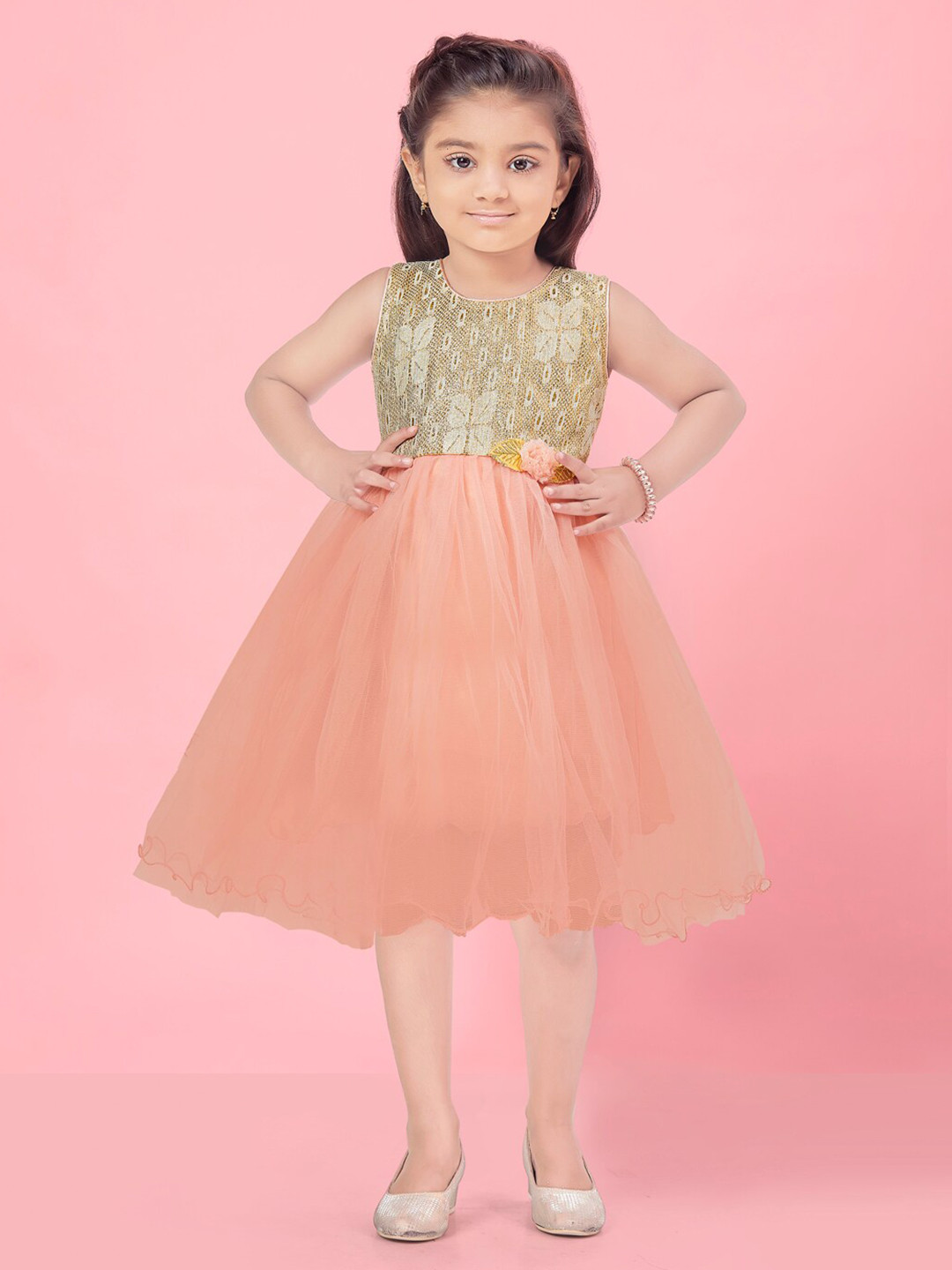 

BAESD Girls Self Design Fit & Flare Dress, Peach