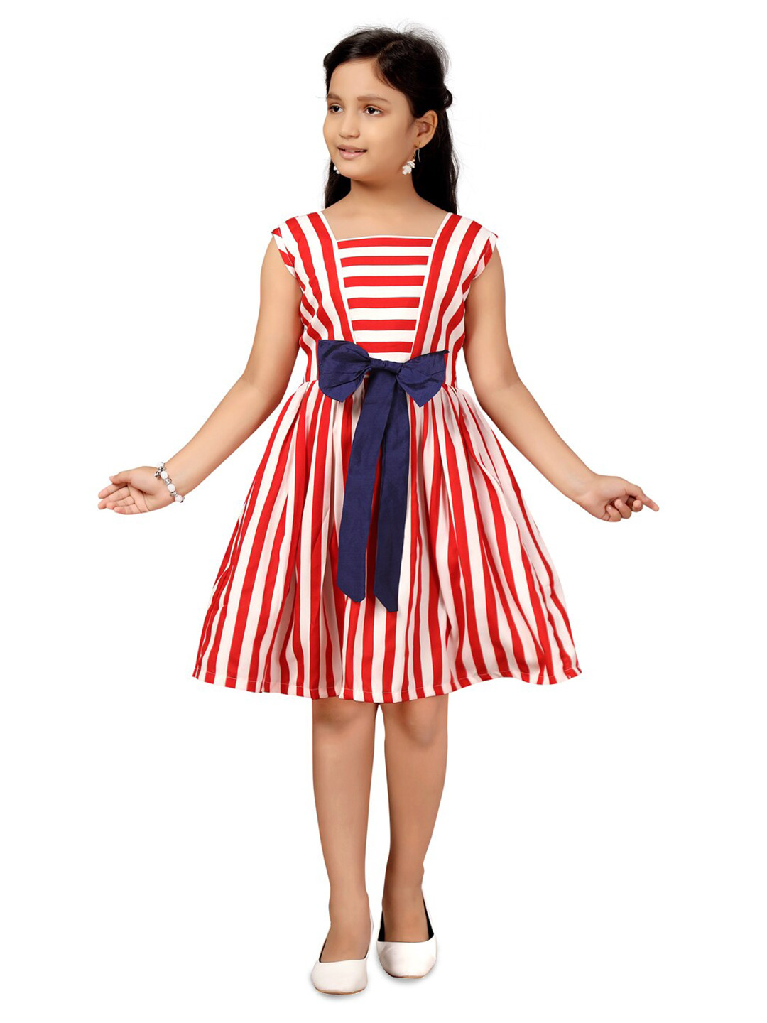 

BAESD Girls Striped Square Neck Bow Fit and Flare Dress, Red