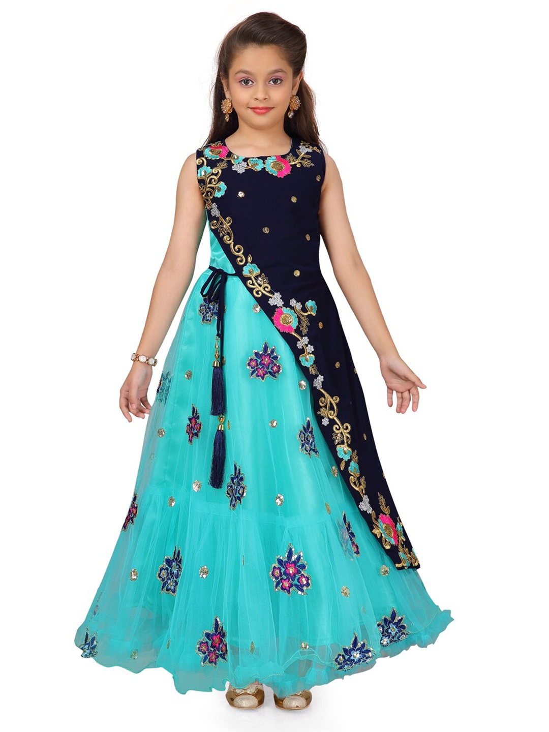 

BAESD Girls Embroidered Net Fit & Flare Maxi Dress, Turquoise blue