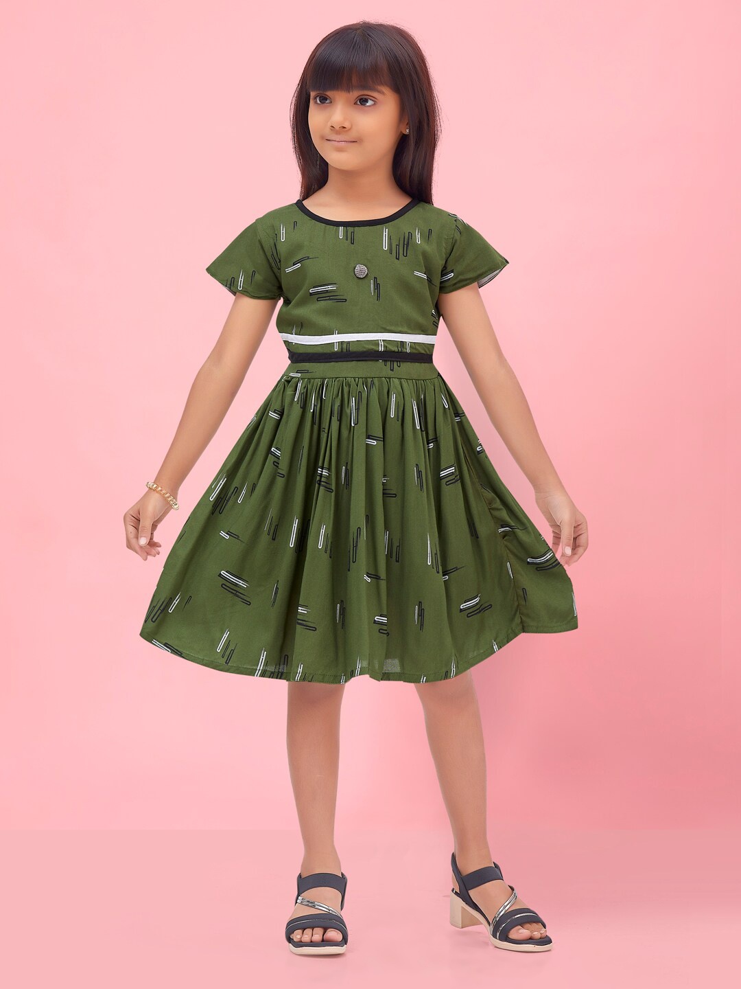 

BAESD Girls Abstract Printed Gathered Fit & Flare Dress, Olive