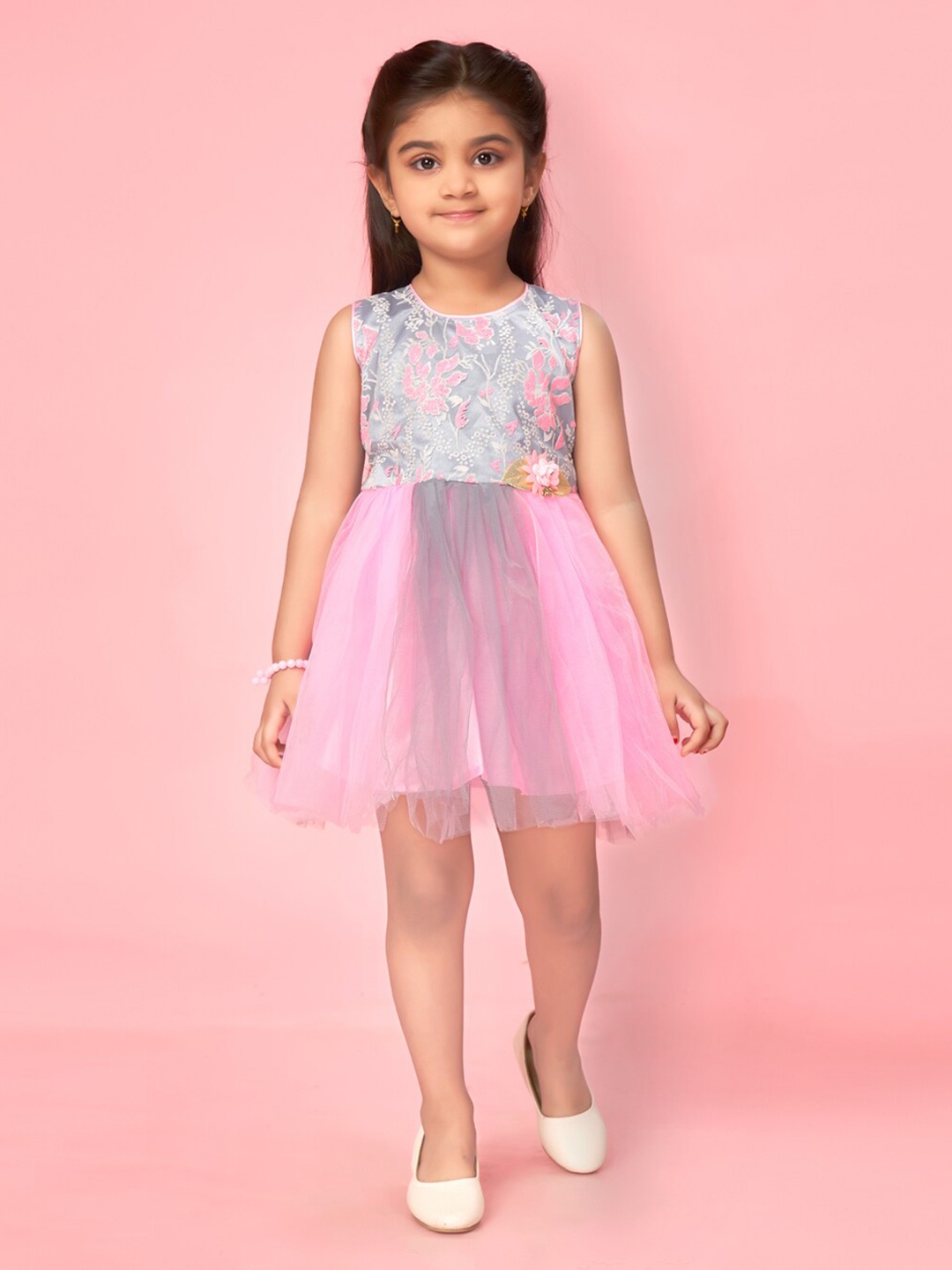 

BAESD Girls Floral Printed Net Fit & Flare Dress, Pink