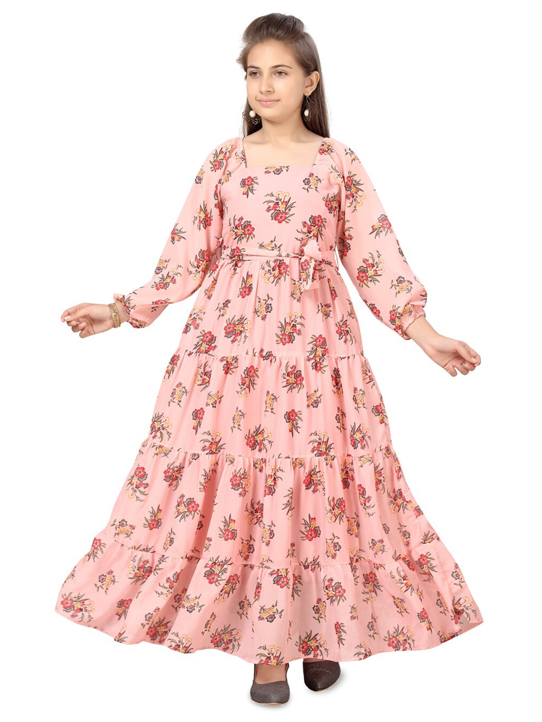 

BAESD Girls Floral Printed Square Neck Puff Sleeves Gathered Tiered Fit & Flare Maxi Dress, Peach