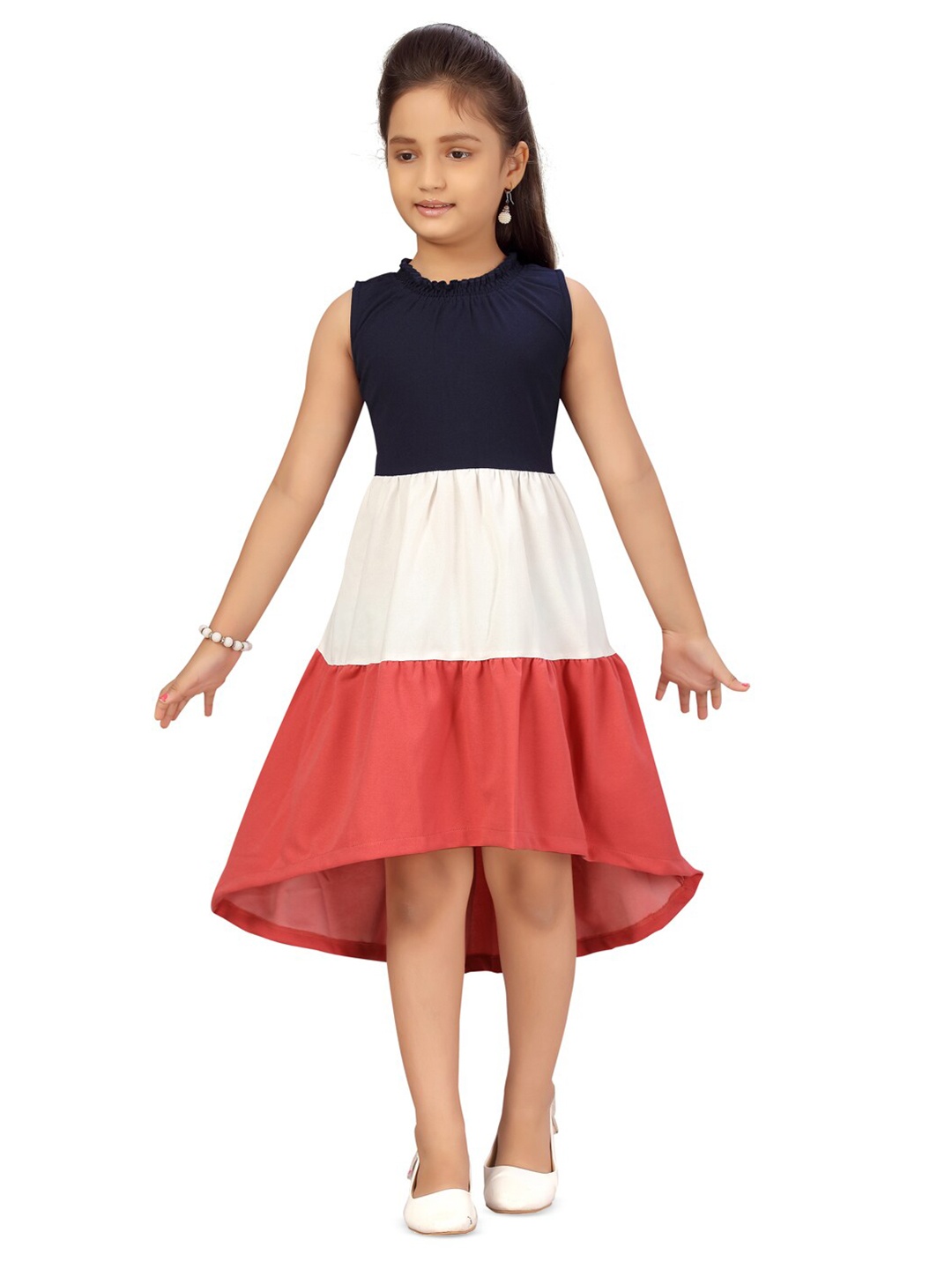 

BAESD Girls Colourblocked Gathered Detailed Sleeveless Cotton A-Line Dress, Navy blue