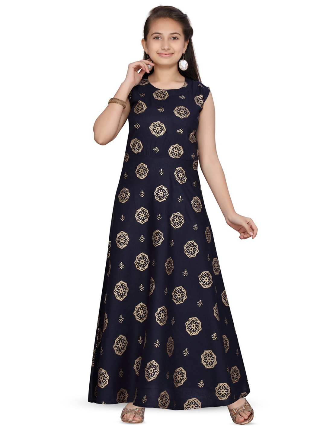 

BAESD Girls Ethnic Motifs Printed Cotton A-Line Maxi Ethnic Dress, Navy blue