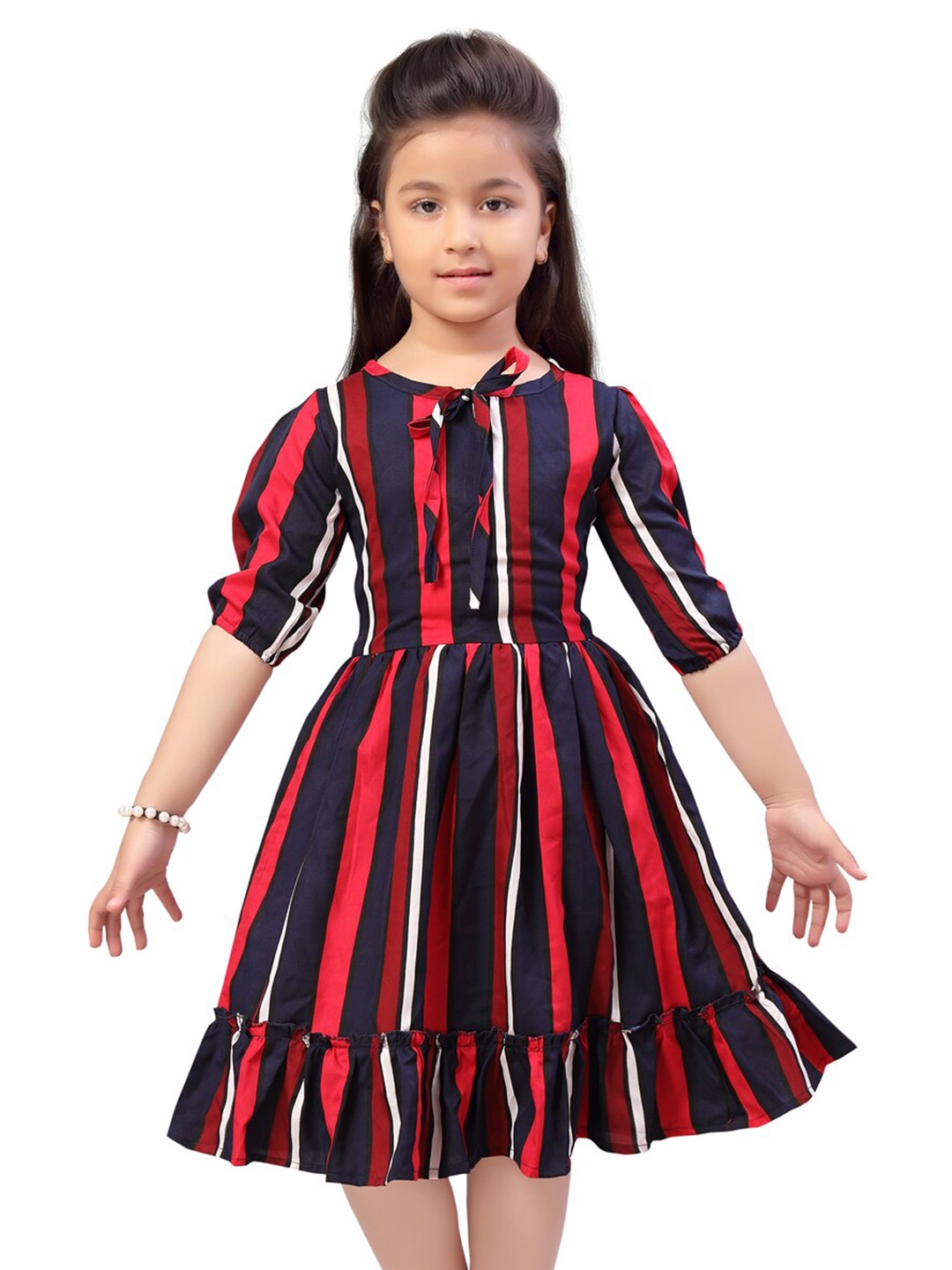 

BAESD Girls Striped Puff Sleeve Tie-Ups Fit & Flare Dress, Navy blue
