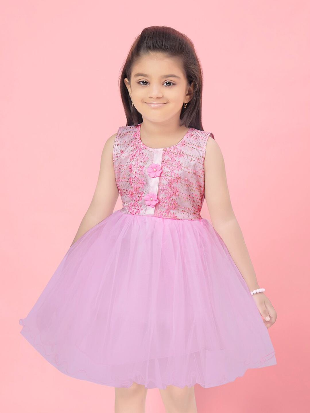 

BAESD Embroidered Round Neck Fit & flare Pleated Dress, Pink