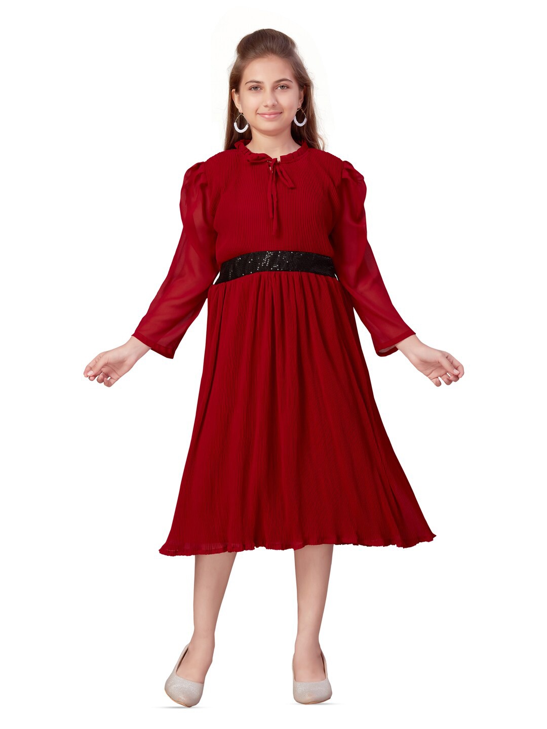 

BAESD Girls Tie-Up Neck Puff Sleeve Sequined Georgette Fit & Flare Midi Dress, Maroon