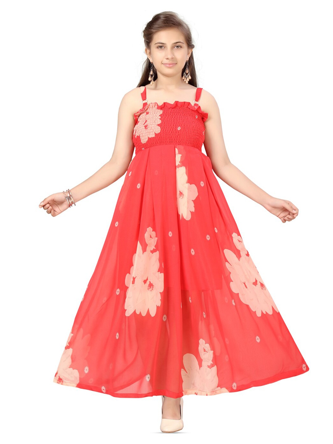 

BAESD Girls Floral Print Sleeveless Fit & flare Pleated Maxi Dress, Red