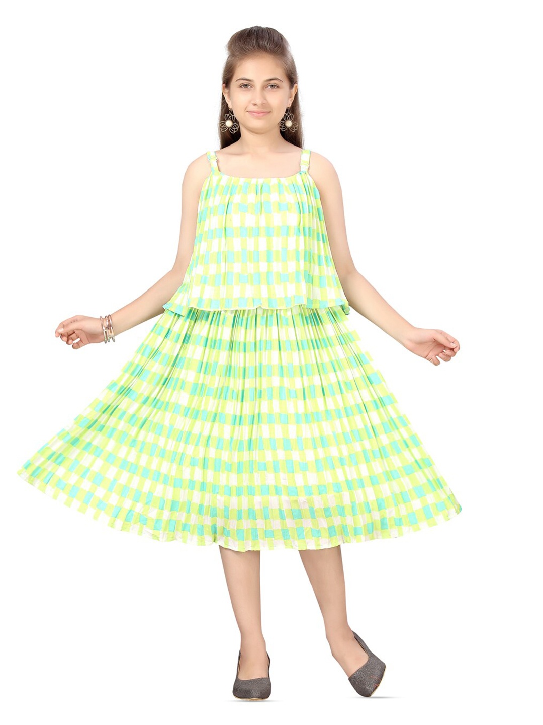 

BAESD Girls Checked Shoulder Straps A-Line Midi Dress, Green