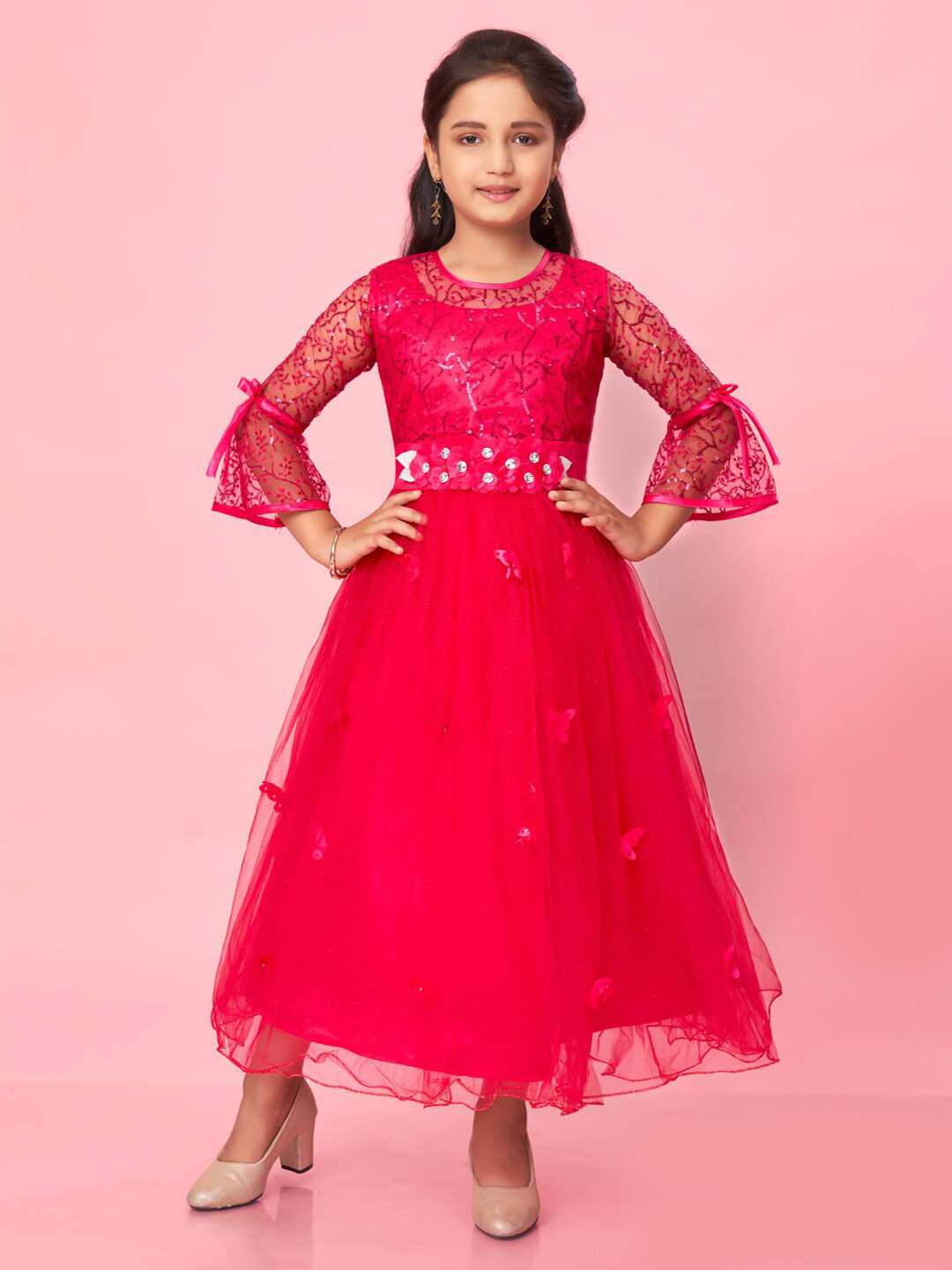 

BAESD Girls Embellished Bell Sleeves Fit & Flare Midi Dress, Pink