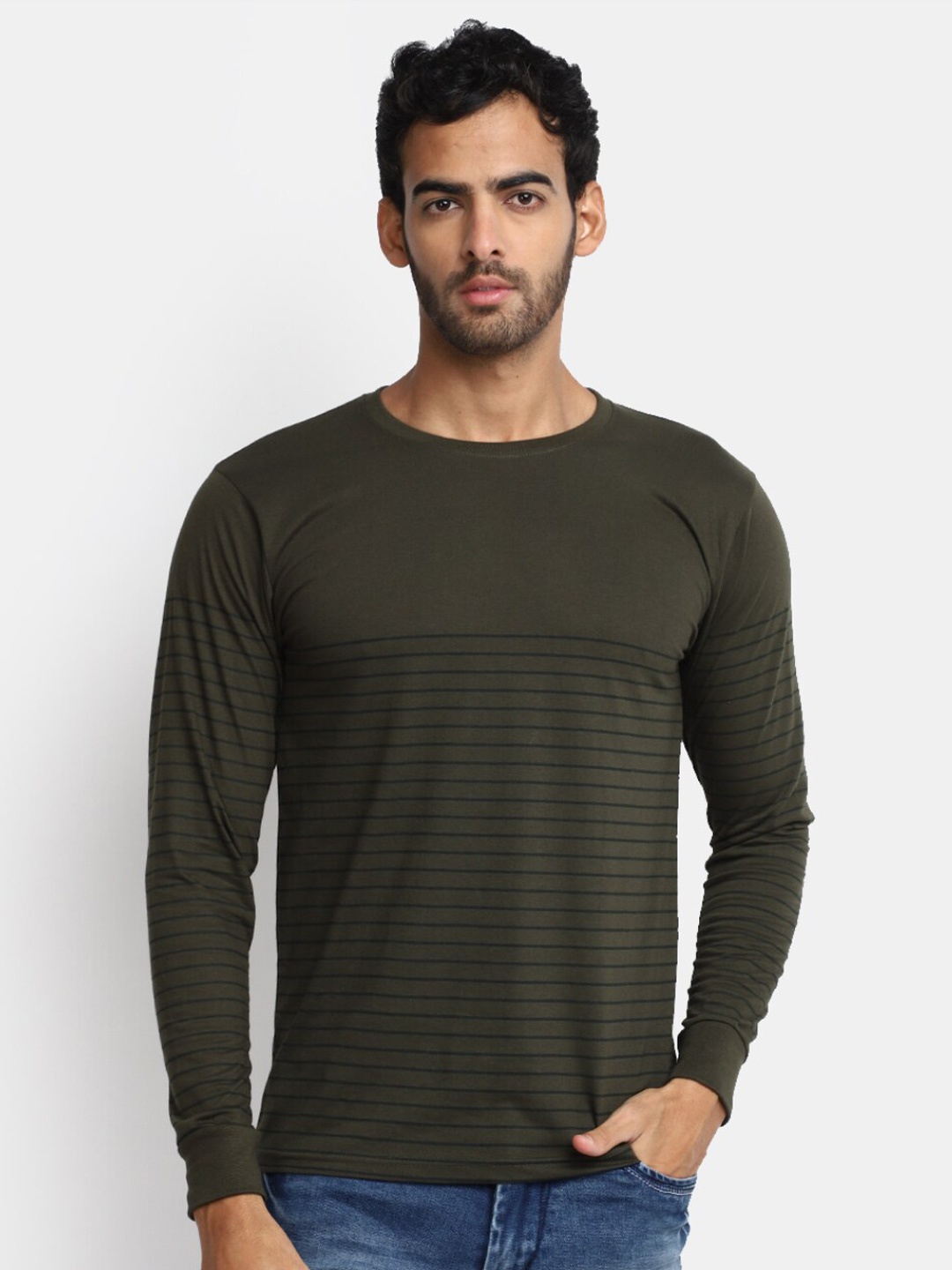 

V-Mart Round Neck Striped T-shirt, Green