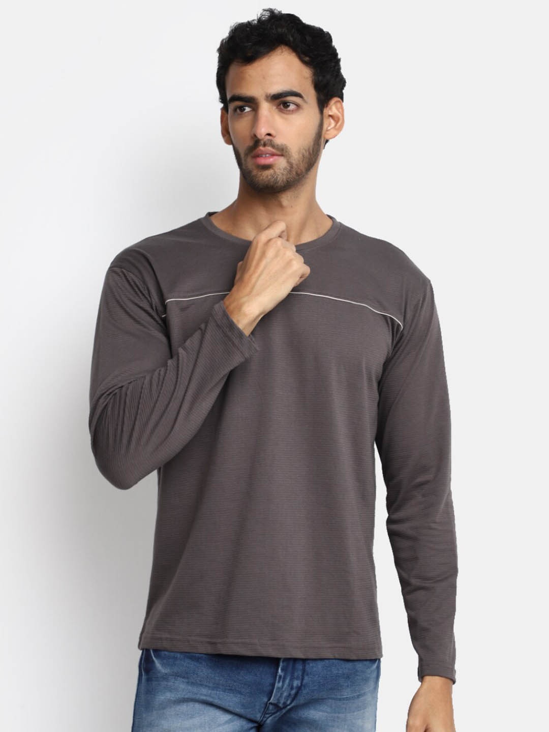 

V-Mart Self Design Round Neck Cotton T-Shirt, Taupe