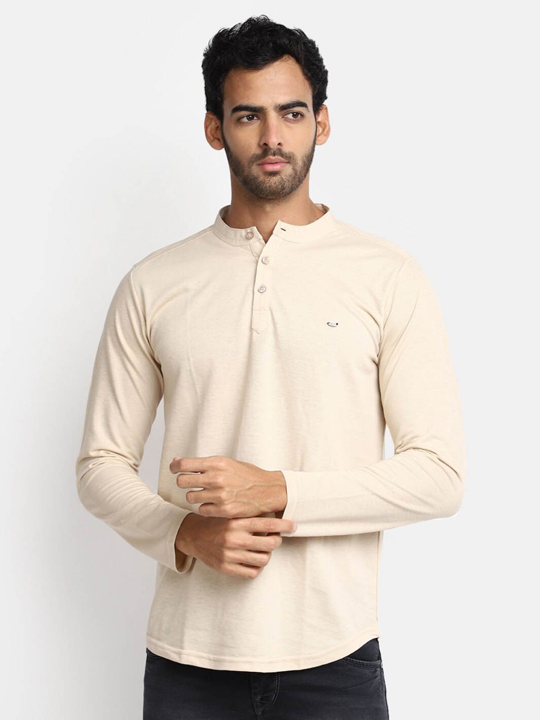 

V-Mart Band Collar Slim Fit Cotton T-Shirt, Beige