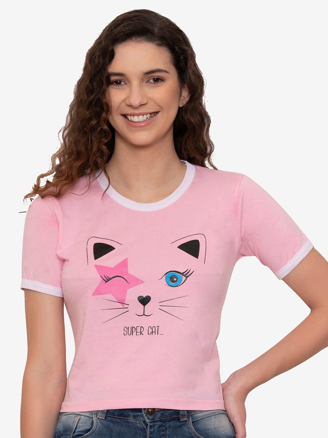 

VIVINKS Women Pink Printed Pure Cotton T-shirt