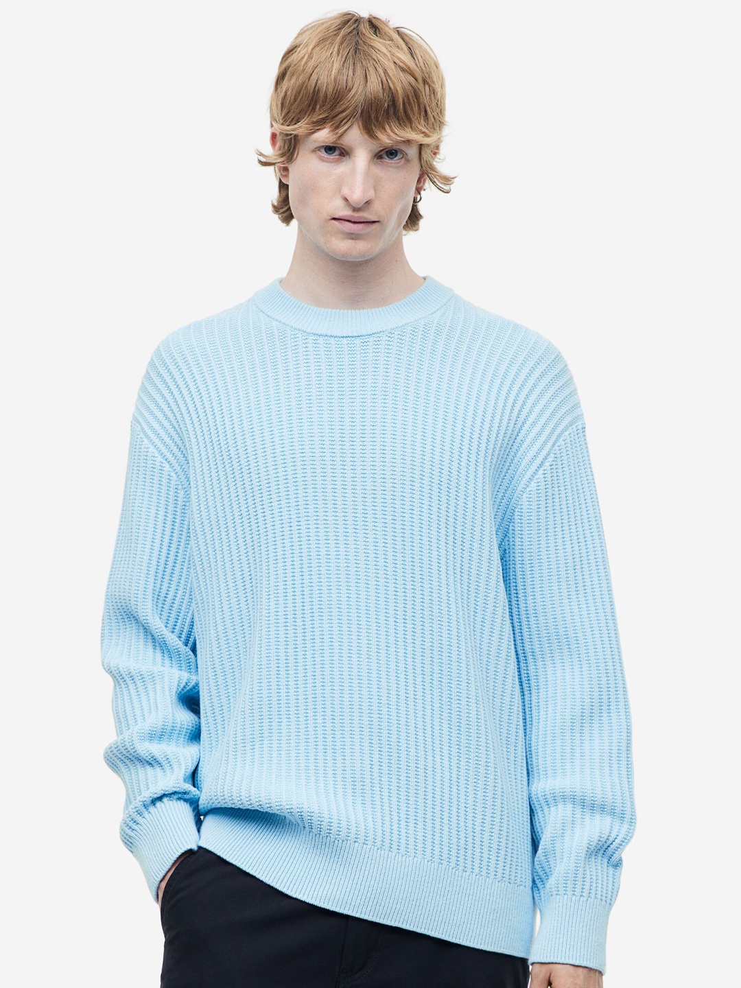 

H&M Pure Cotton Relaxed Fit Rib-Knit Jumper, Blue