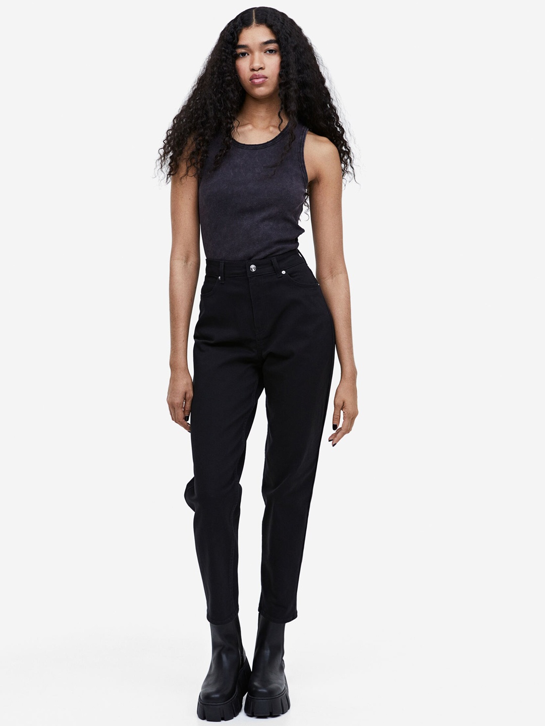 

H&M Mom Loose Fit Twill Trousers, Black