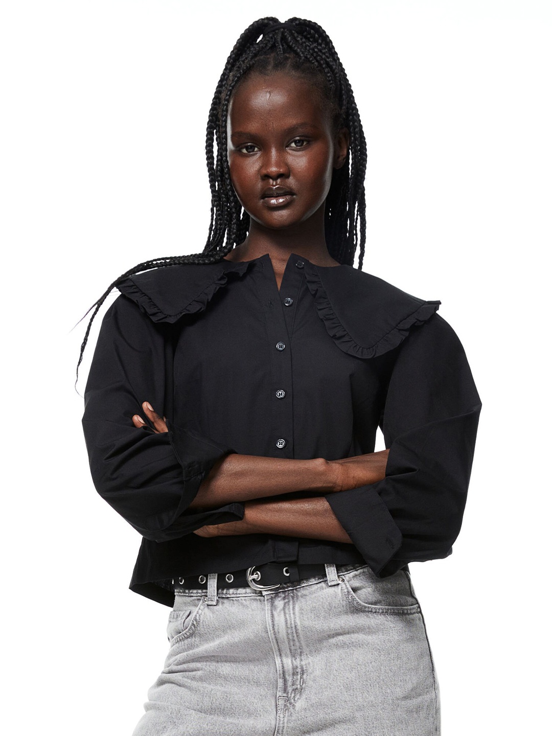 

H&M Pure Cotton Collared Poplin Blouse, Black