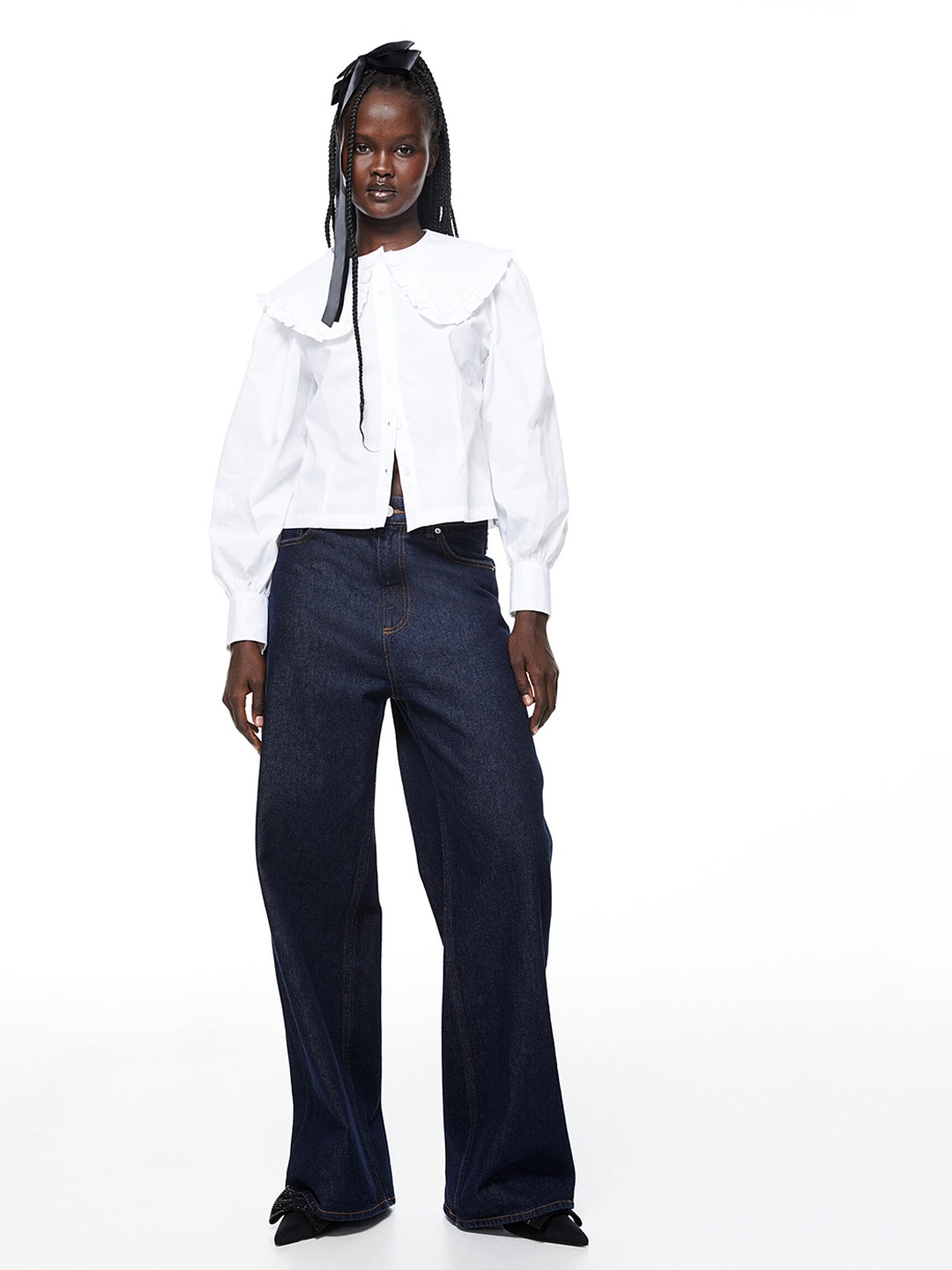 

H&M Pure Cotton Collared Poplin Blouse, White
