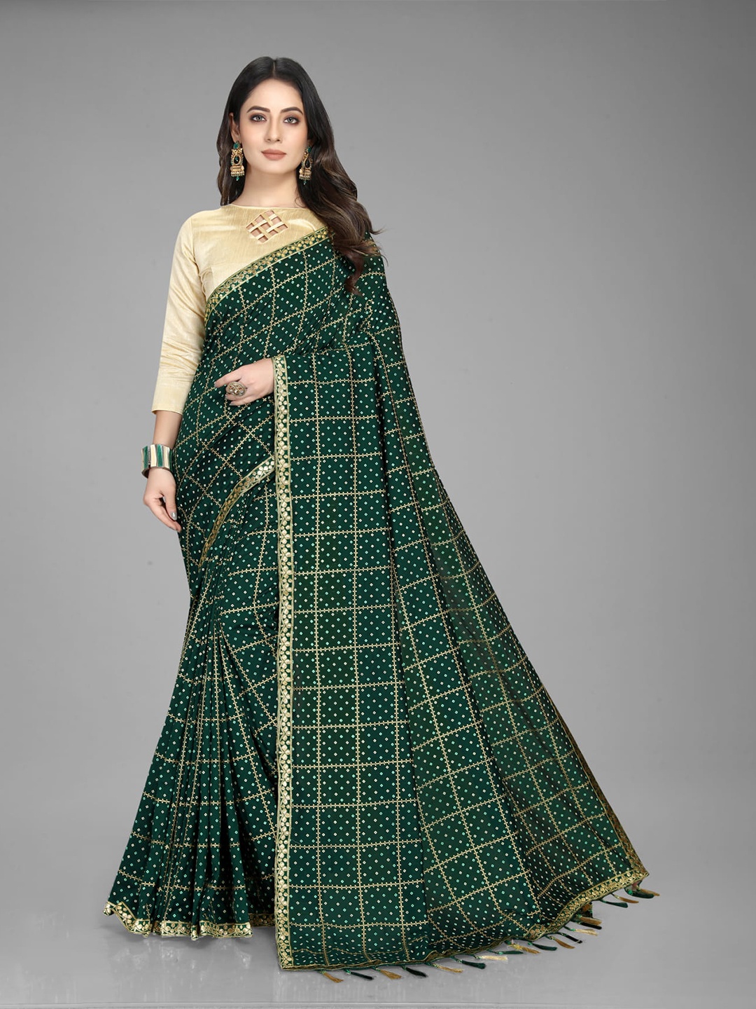 

KALINI Bandhani Printed Zari Bandhani Saree, Green