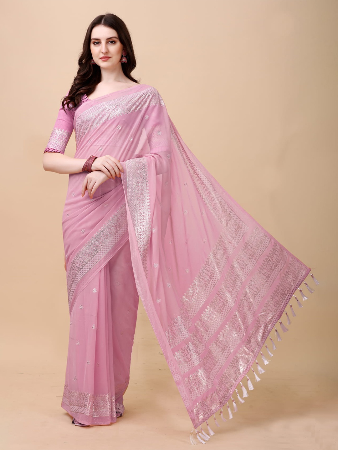 

KALINI Woven Design Zari Silk Cotton Kasavu Saree, Pink