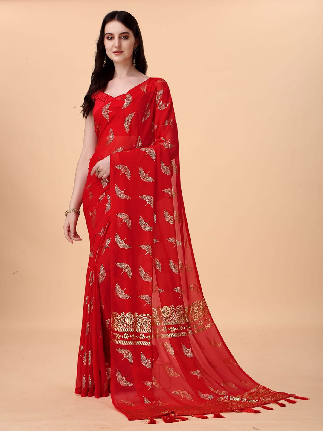 

KALINI Ethnic Motifs Printed Jamdani Saree, Red