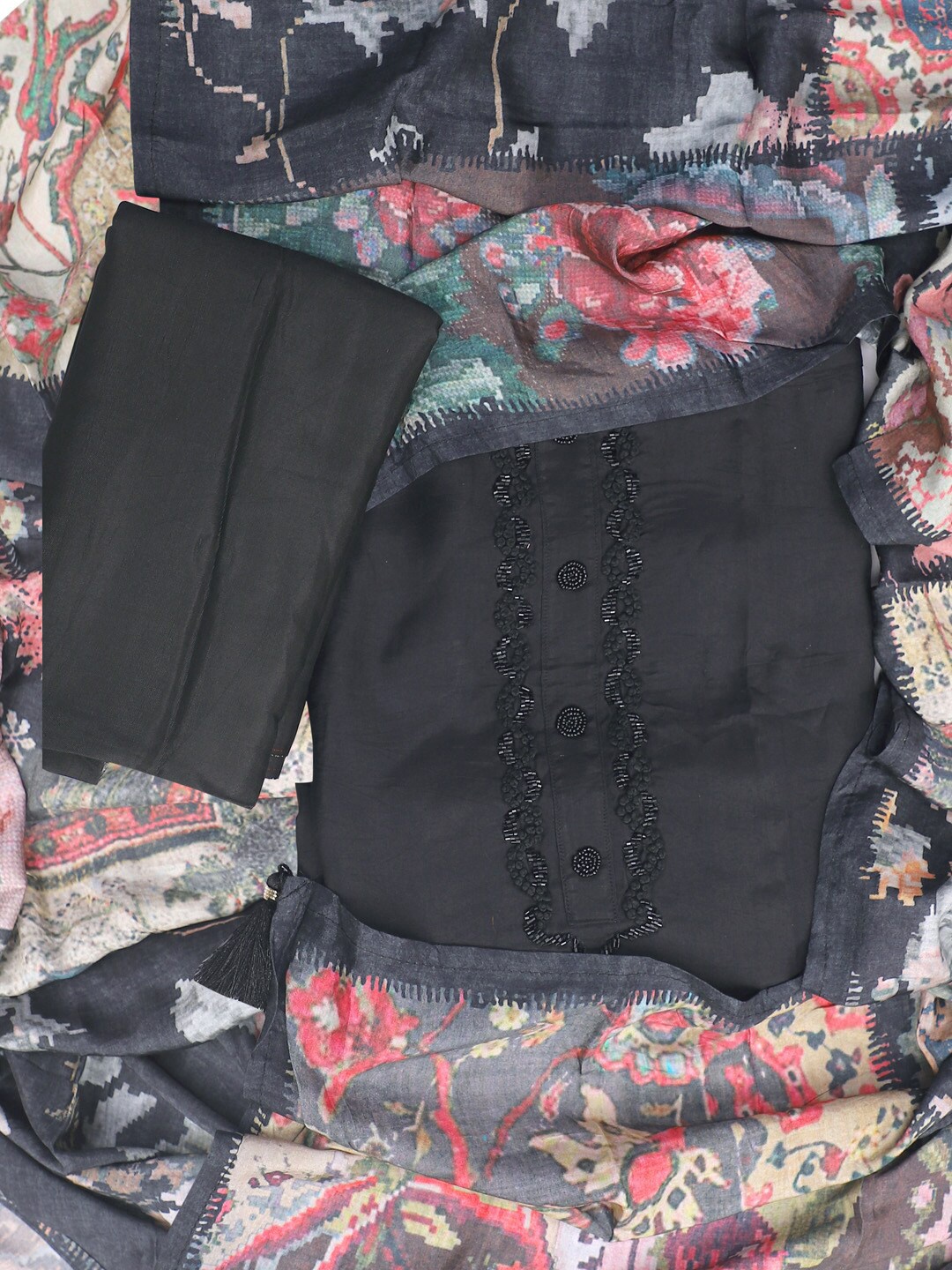

SALWAR STUDIO Embroidered & Printed Pure Cotton Unstitched Dress Material, Black