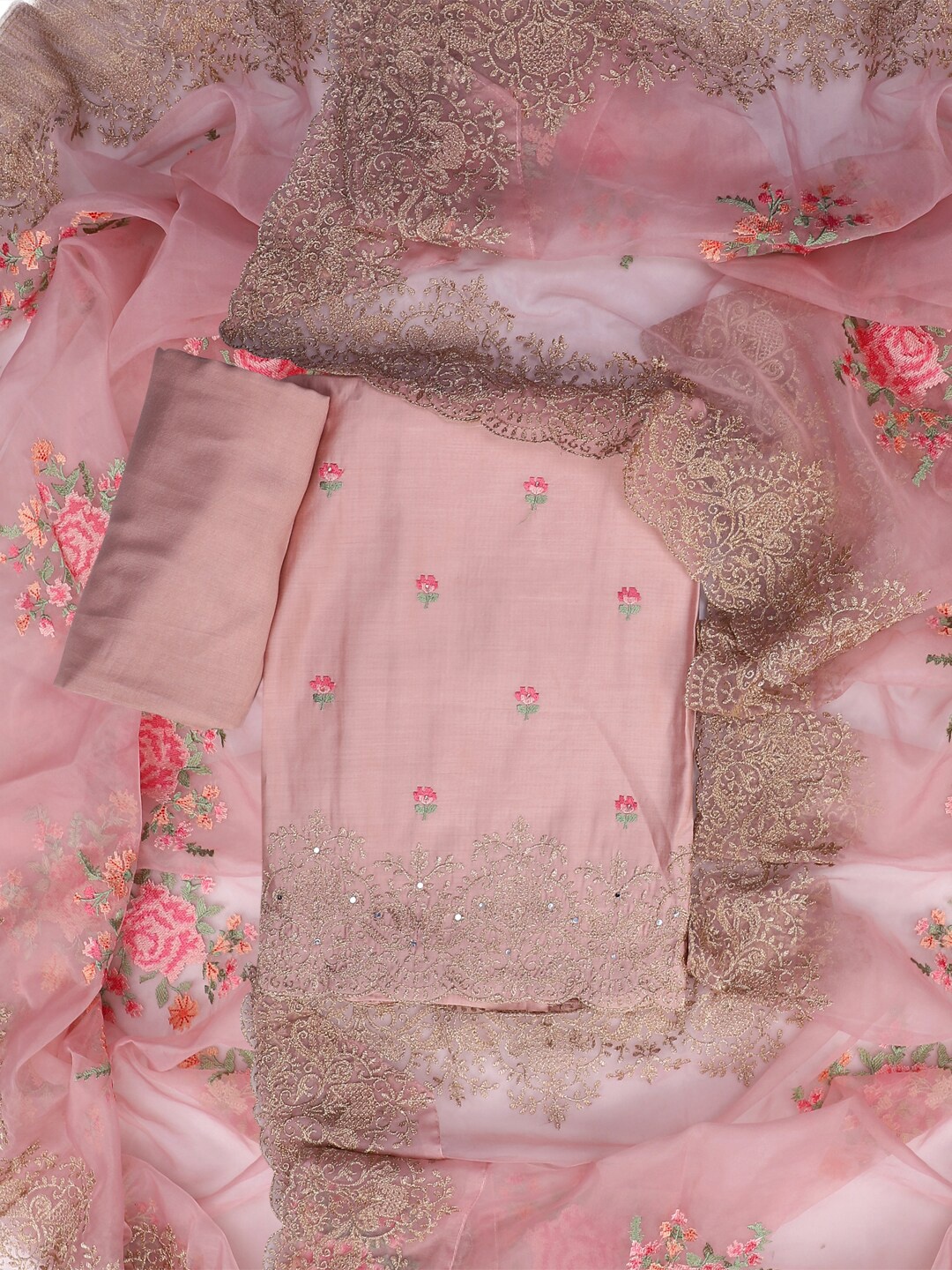 

SALWAR STUDIO Floral Embroidered Sequinned Detail Unstitched Dress Material, Pink