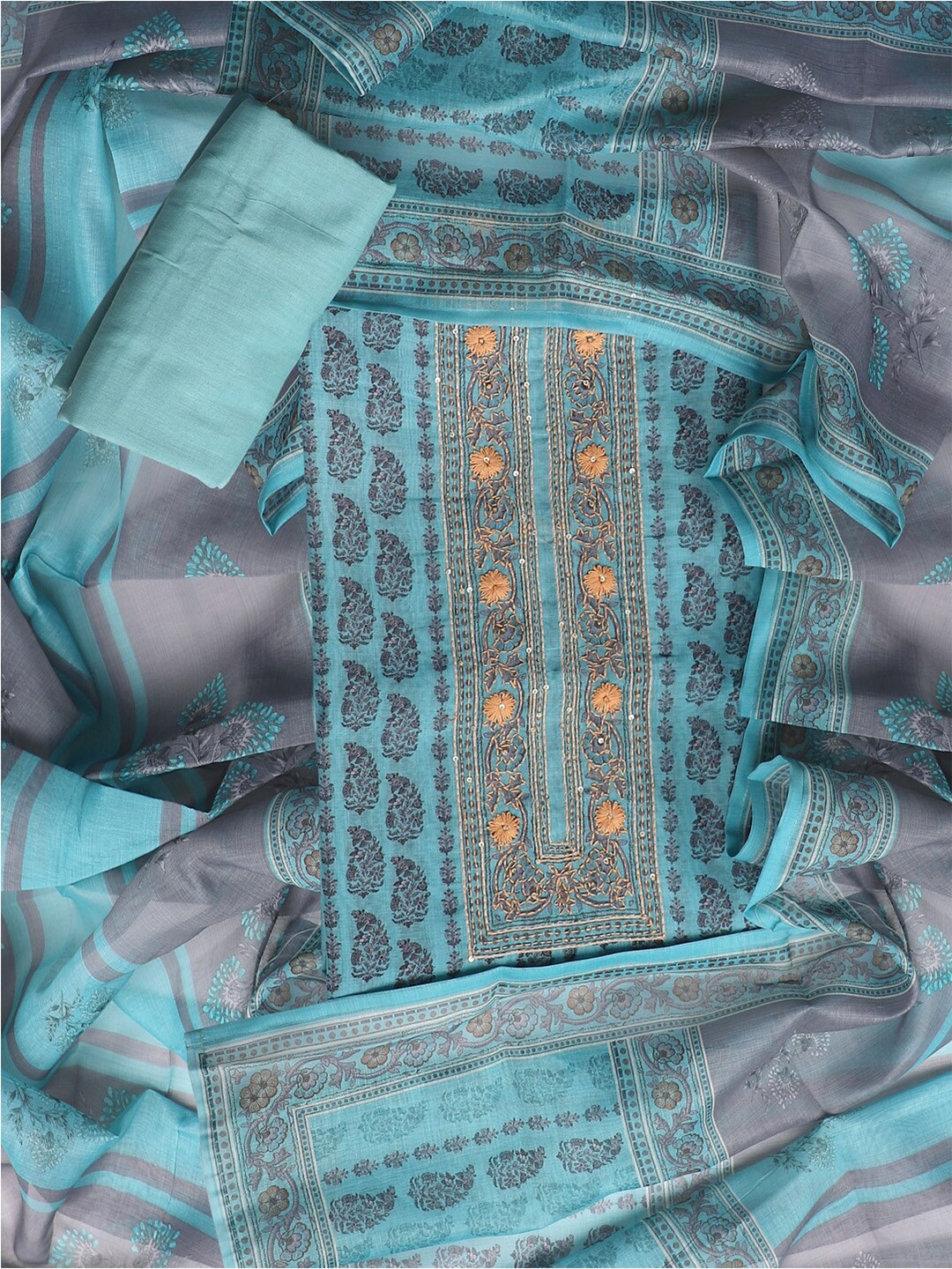 

SALWAR STUDIO Ethnic Motifs Printed Organza Unstitched Dress Material, Blue