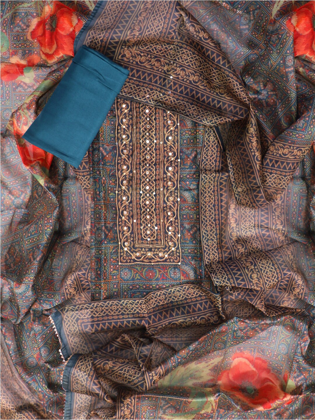 

SALWAR STUDIO Ethnic Motifs Printed Unstitched Dress Material, Brown