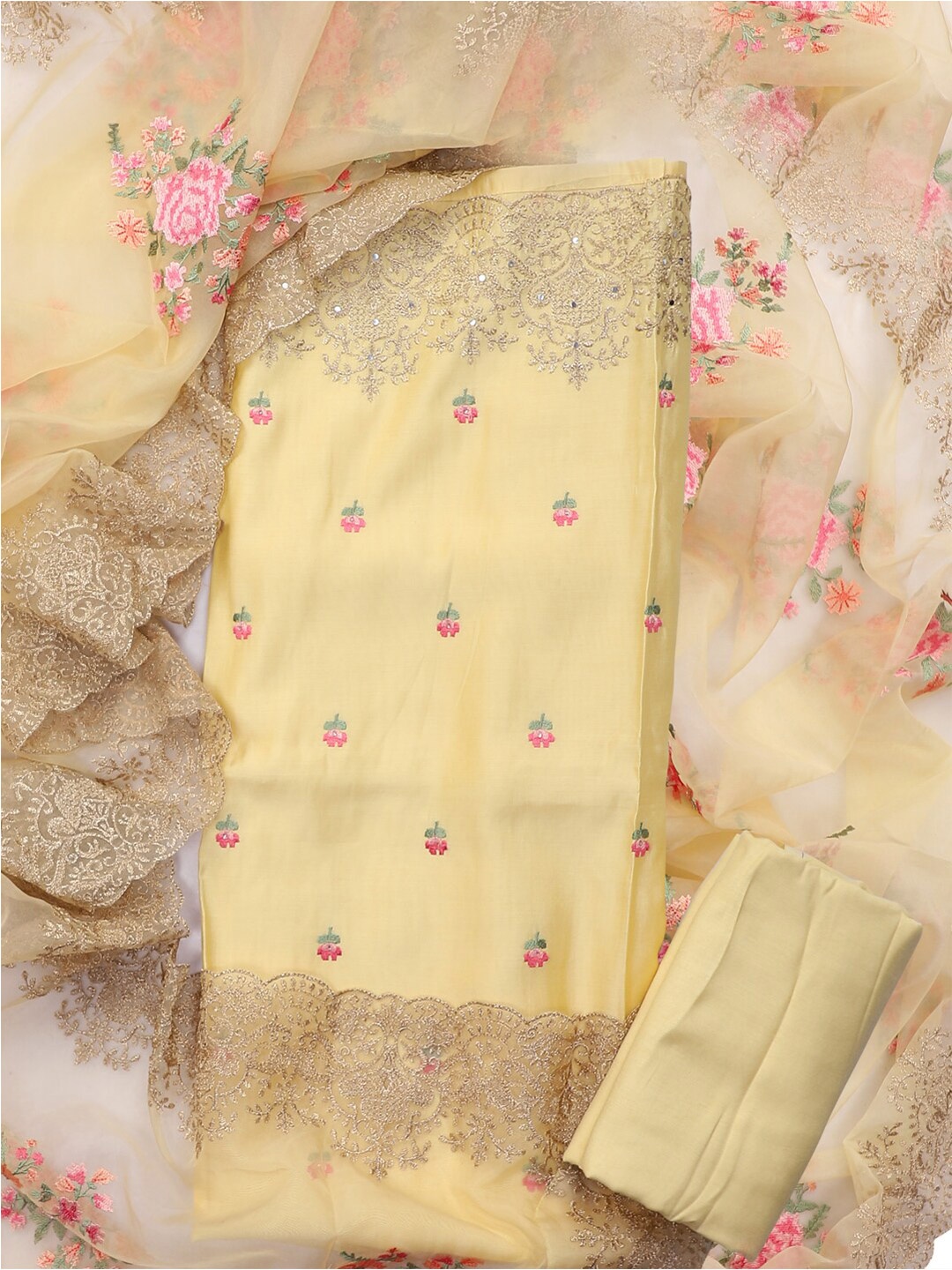 

SALWAR STUDIO Floral Embroidered Sequinned Unstitched Dress Material, Yellow