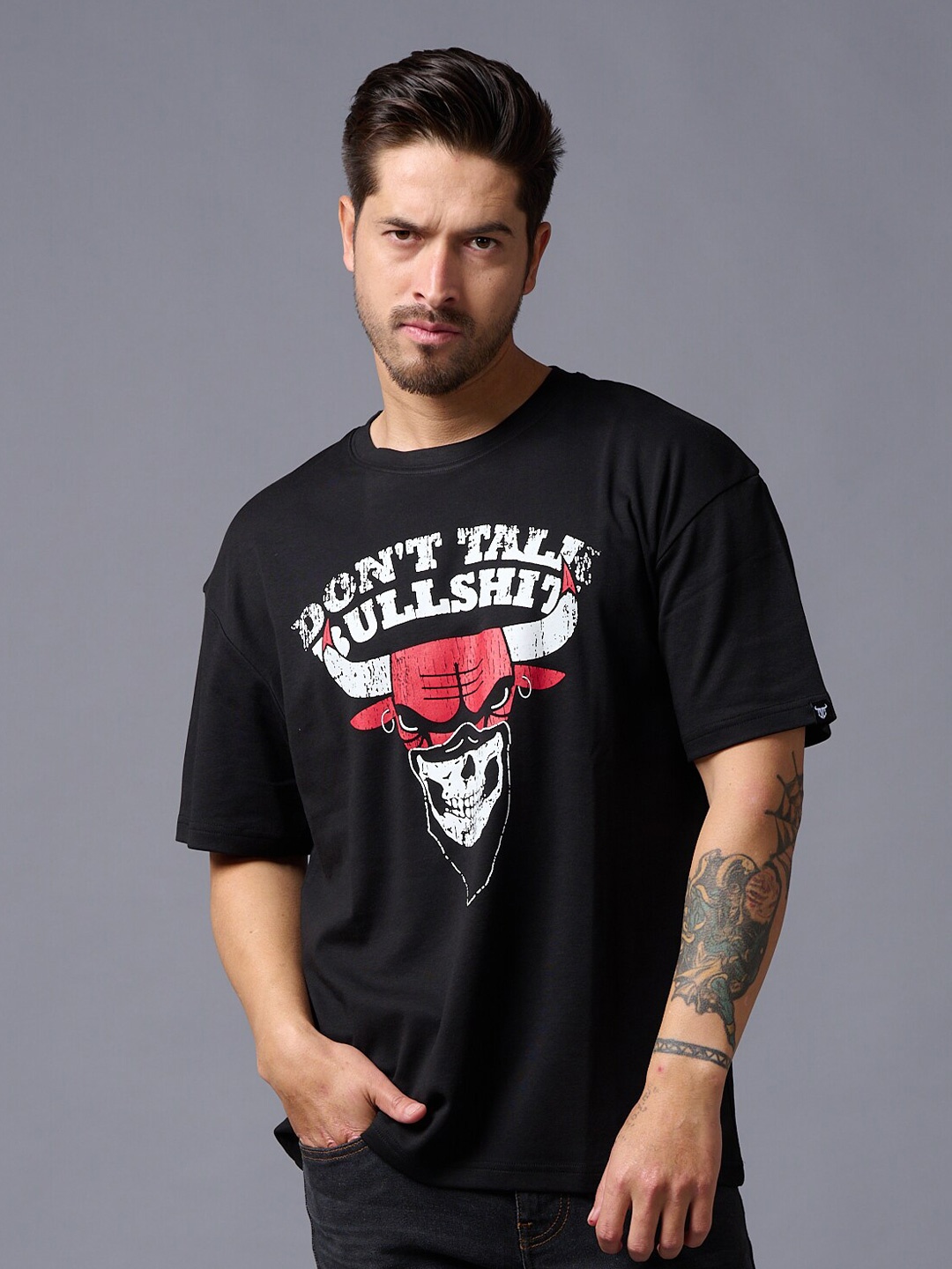 

GO DEVIL Typography Printed Pure Cotton Oversized T-shirt, Black