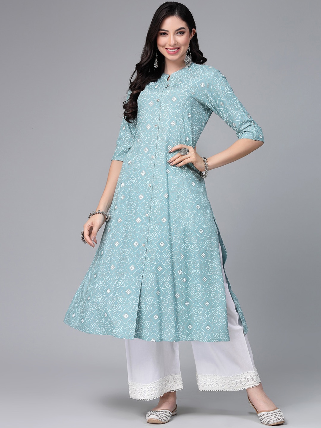 

Stylum Ethnic Motifs Printed Mandarin Collar A-Line Kurta, Blue