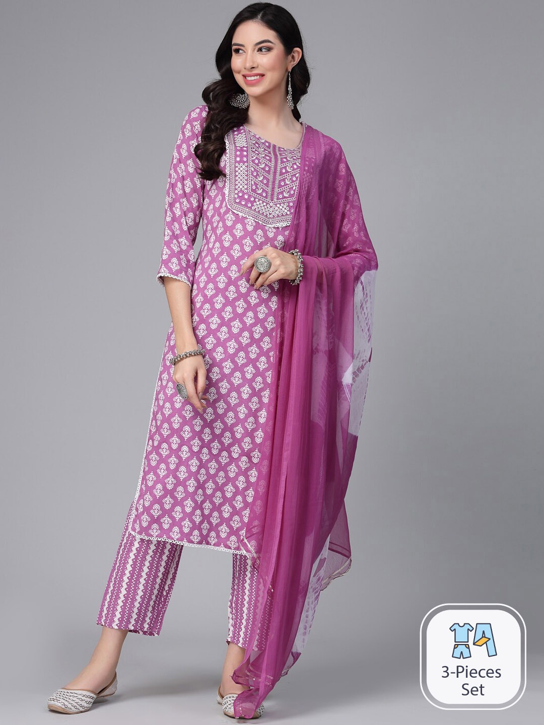

Stylum Floral Printed Mirror Work Regular Kurta With Trousers & Dupatta, Purple