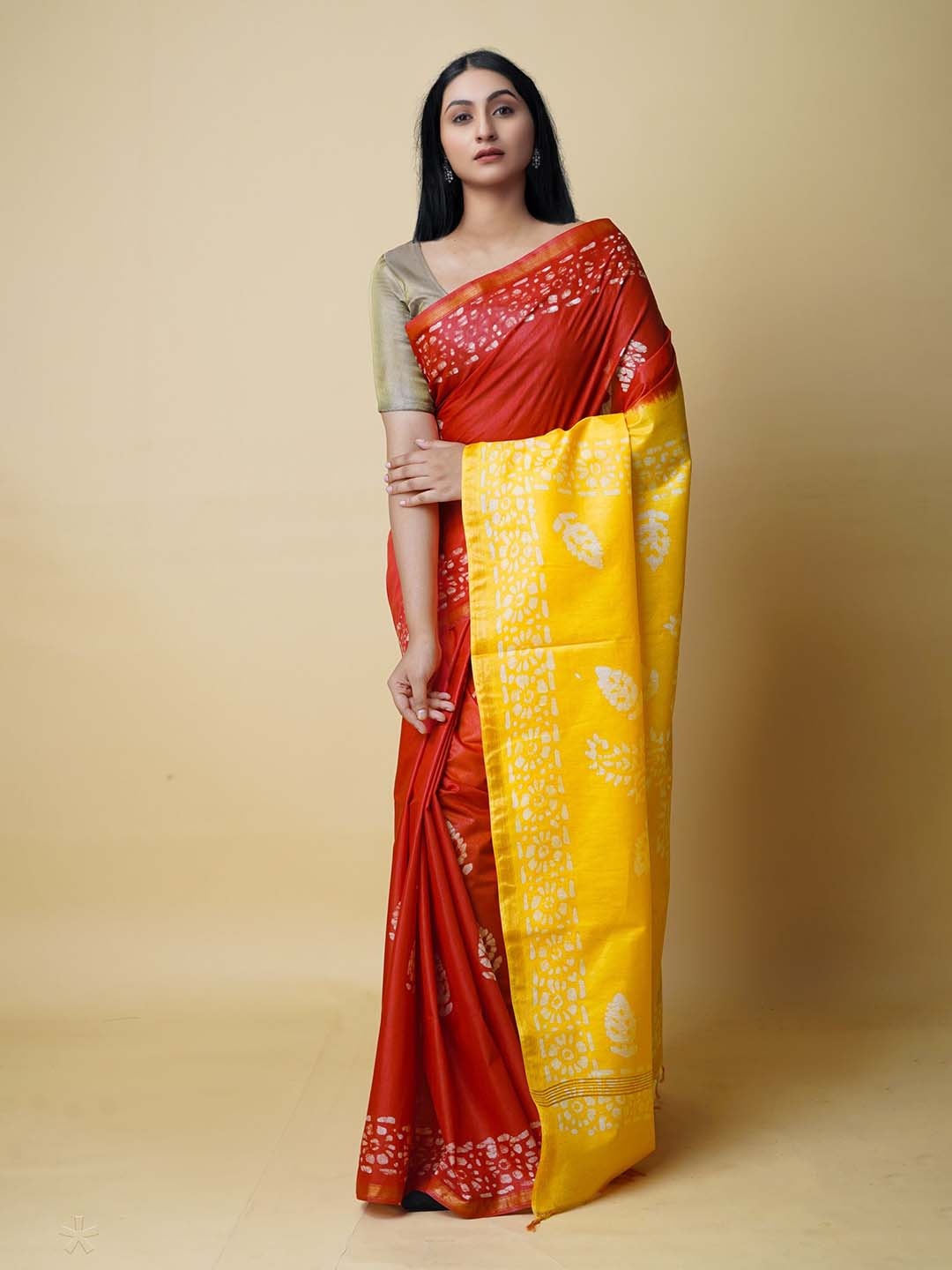 

Unnati Silks Batik Zari Silk Cotton Chanderi Saree, Red