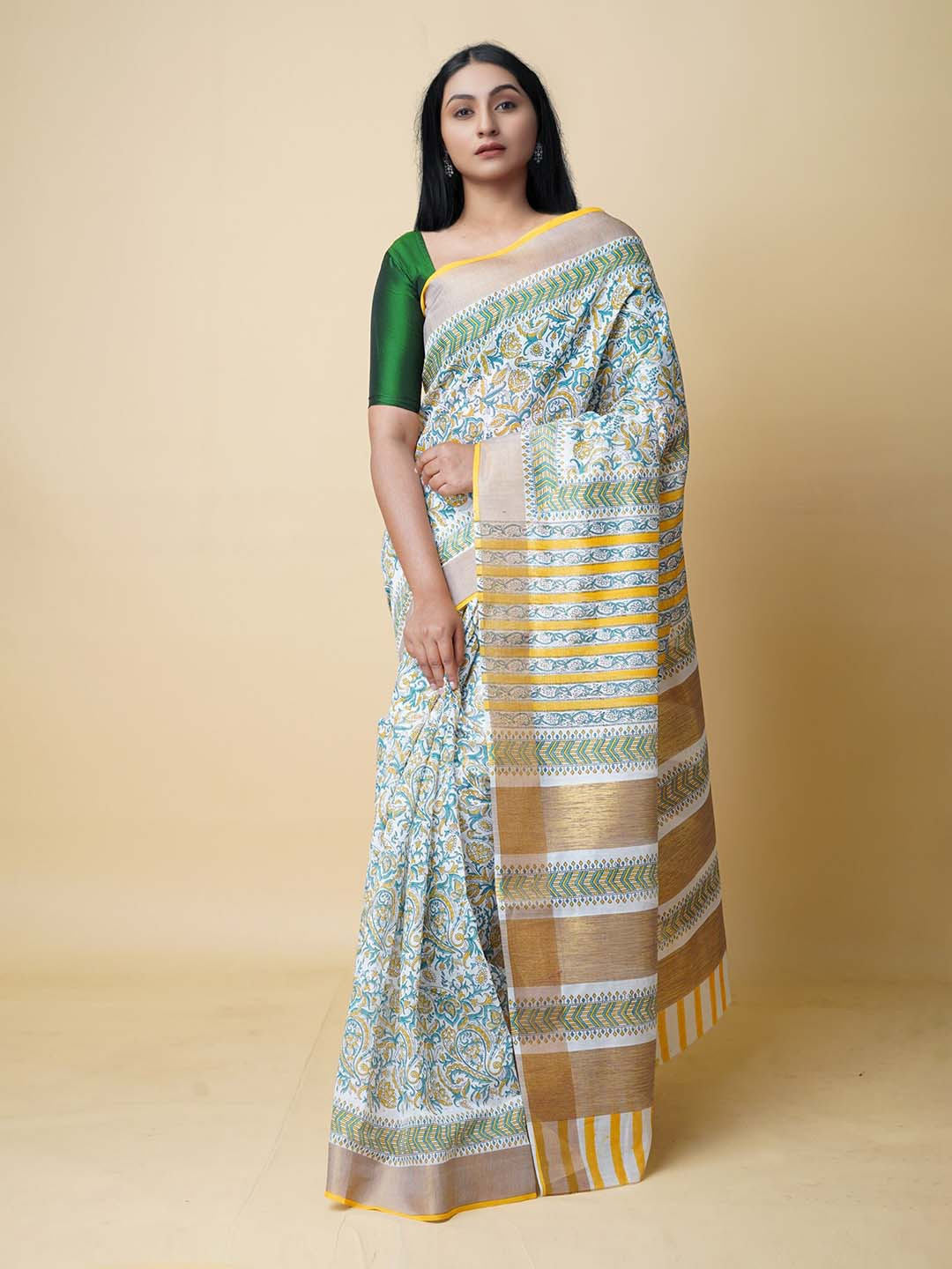 

Unnati Silks Ethnic Motifs Pure Cotton Handloom Kasavu Saree, White