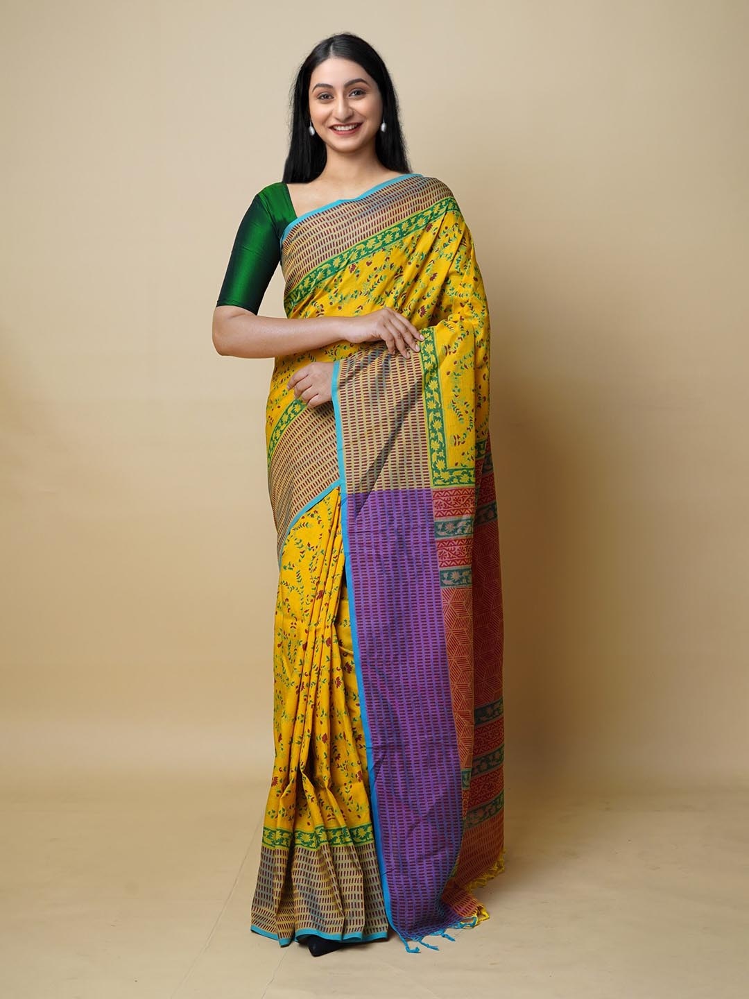 

Unnati Silks Ethnic Motifs Pure Silk Handloom Mangalagiri Saree, Yellow