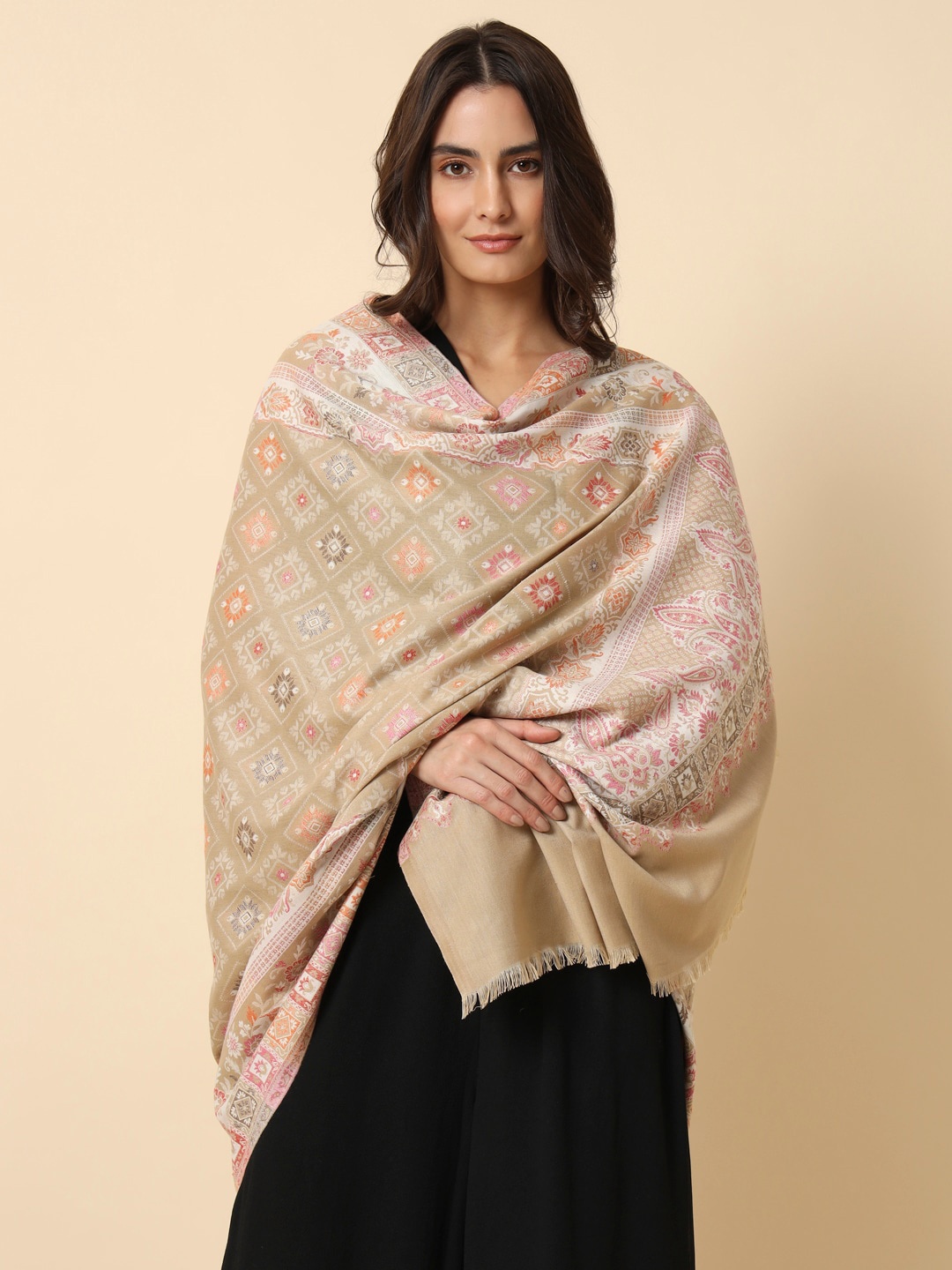 

HERE&NOW Beige Kaani Ethnic Motifs Woven Design Shawl