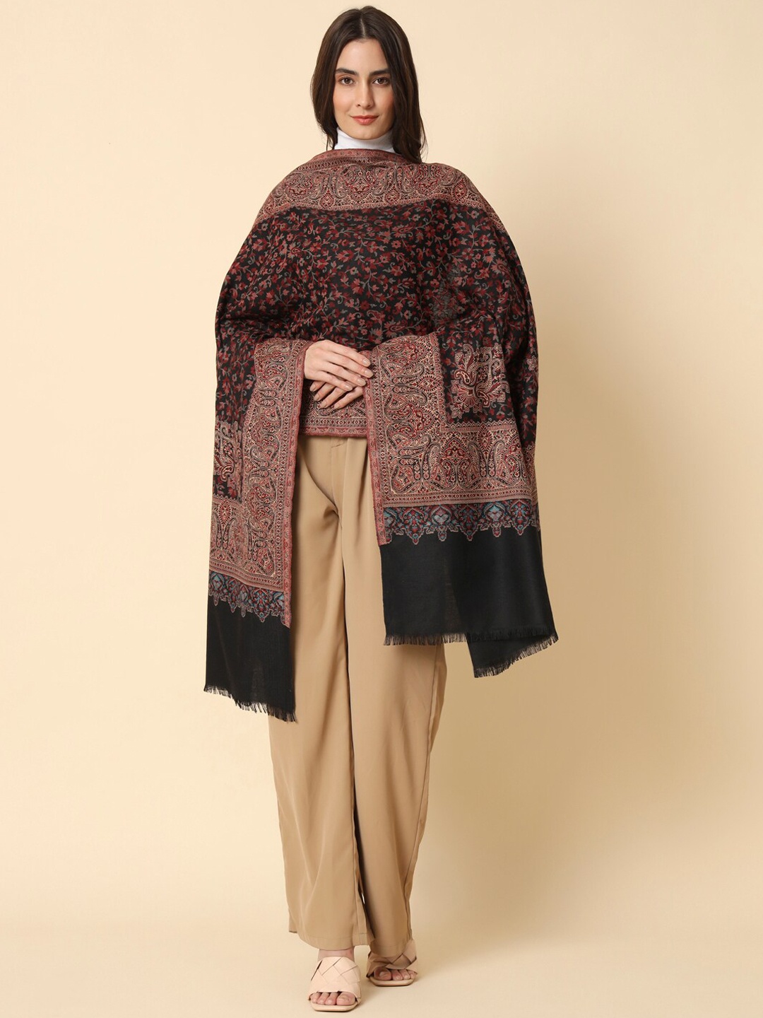 

HERE&NOW Black Kaani Floral Woven Design Shawl