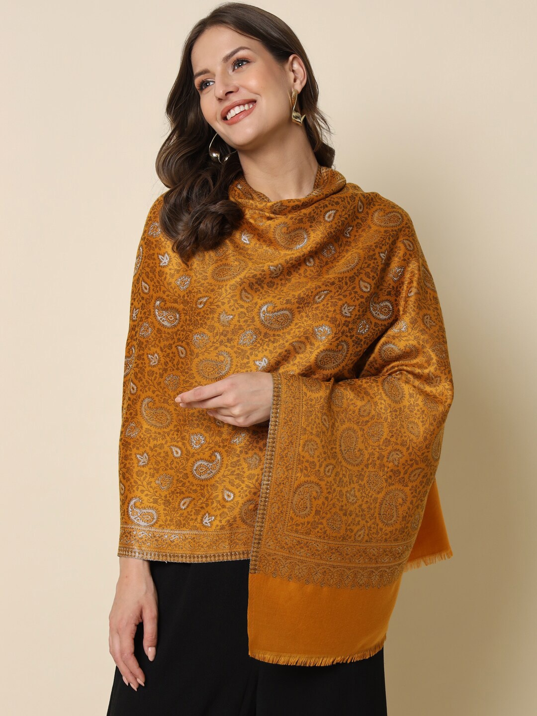

HERE&NOW Mustard Yellow Paisley Woven Design Zari Shawl