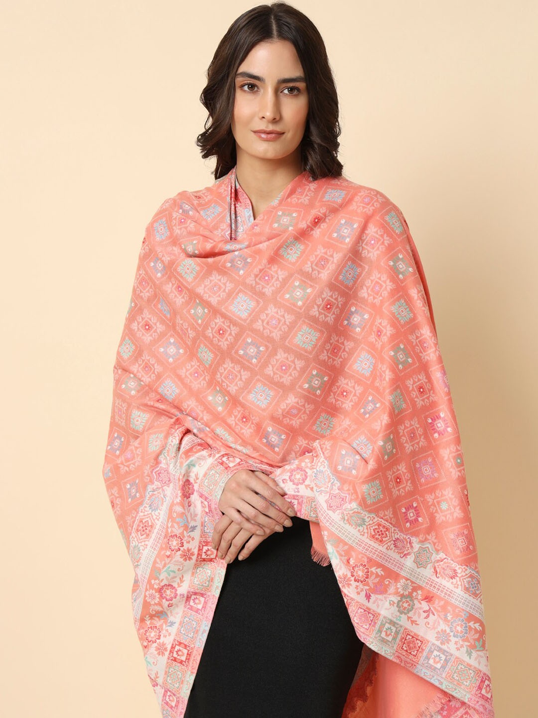 

HERE&NOW Peach-Coloured Kaani Ethnic Motifs Woven Design Shawl