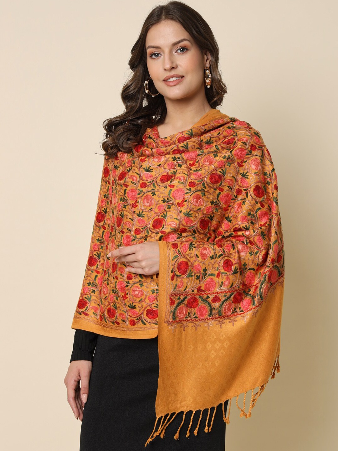 

HERE&NOW Mustard Yellow Floral Embroidered Shawl